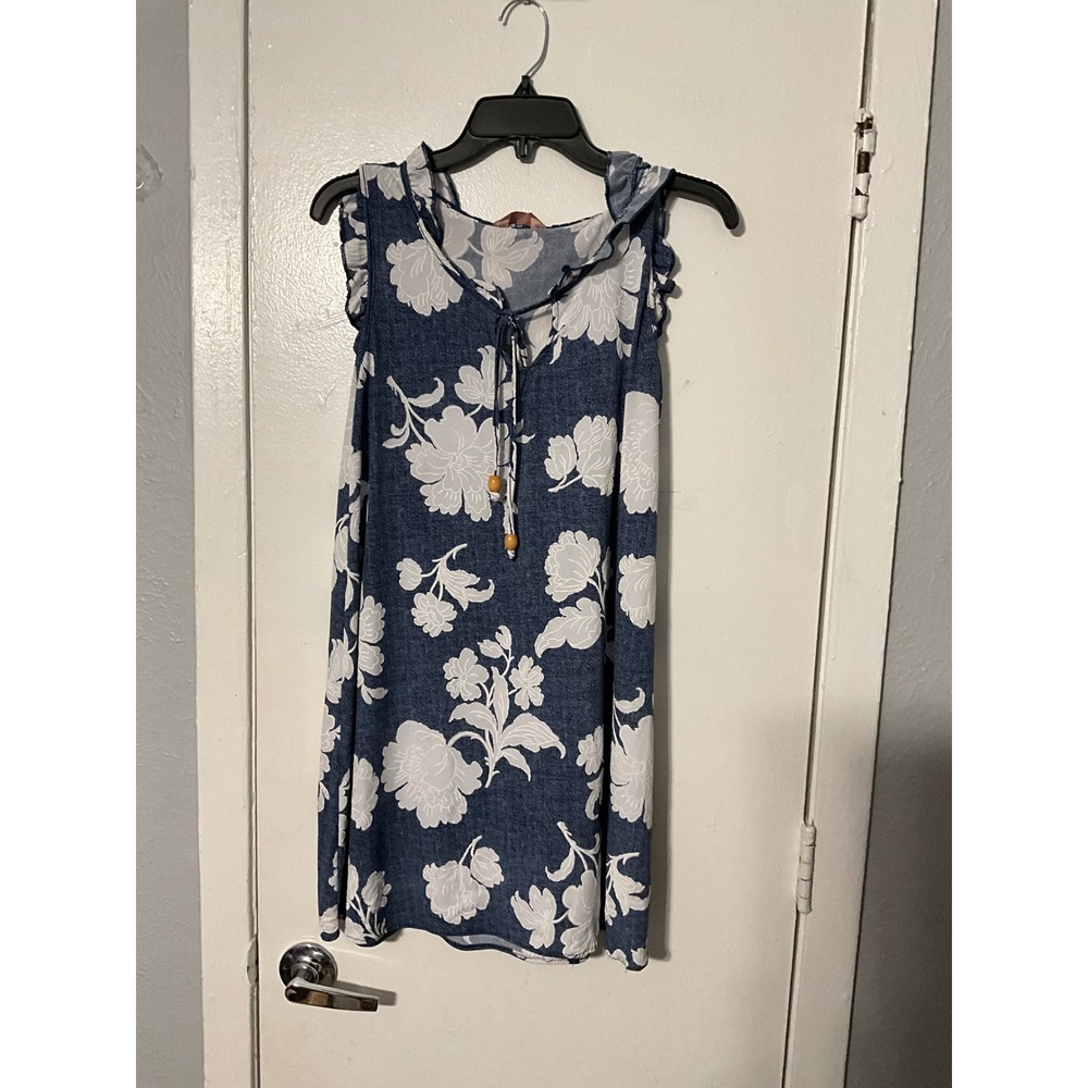 SJS Blue Floral Sleeveless Shift Dress Ruffle V-Neck Tie Front Size L